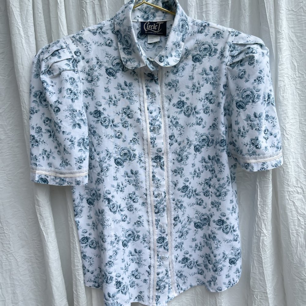 1970's Vtg Blue Floral Puff Sleeve Top